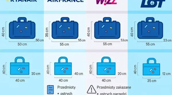 Wymiary bagażu podręcznego Ryanair: walizka 50x40x20 cm, mała torba 40x40x15 cm. Sprawdź przed podróżą!