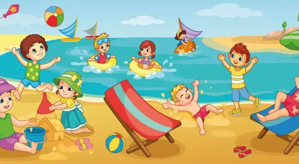 Dzieci bawią się na plaży, budują zamki z piasku, pływają w kołach, a jedna dziewczynka odpoczywa pod parasolem. Jakby śpiewały "szły pchły koło wody".