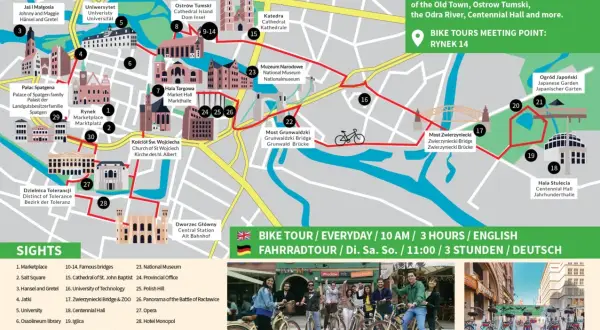Mapa Wrocławia z zaznaczoną trasą rowerową. Zobacz Rynek, Ostrów Tumski i inne atrakcje.
