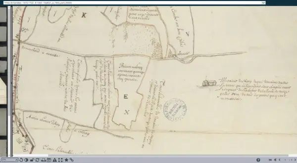 Carte ancienne des **archives Côte d'Or état civil** : parcelles, chemins et lieux-dits inscrits à la main.