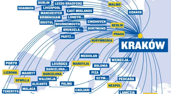 Mapa pokazuje loty jednodniowe z Krakowa do wielu europejskich miast, w tym Berlina, Rzymu, Aten i Lizbony.