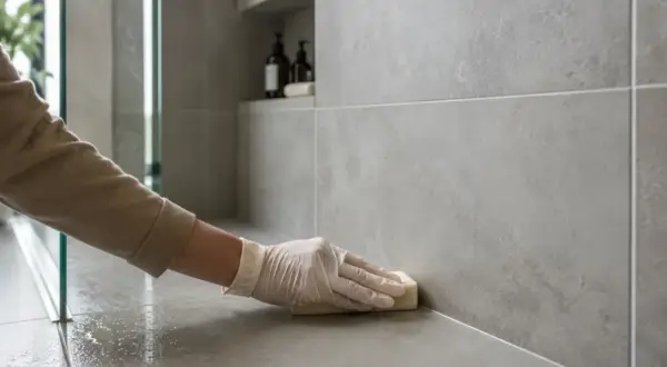 Ręka w rękawiczce czyści fugę gąbką. Czekamy, aż fuga schnie, by łazienka lśniła czystością.