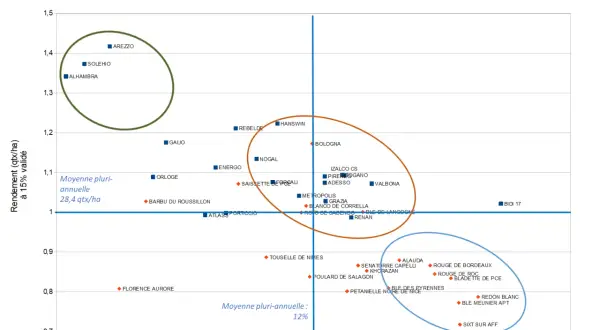 Graphique montrant le rendement et les protéines de blé dur variété. Des points représentent différentes variétés avec leur rendement en qtx/ha et leur teneur en protéines.