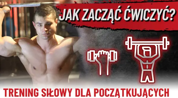 Jak zacząć ćwiczyć? Siłownia plan treningowy dla początkujących. Młody mężczyzna z sztangą, ikony ćwiczeń.