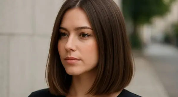 Kobieta z brązowymi włosami w stylu long bob, patrząca w bok.
