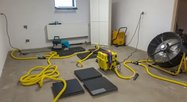 Gerät zur **Keller trockenlegen von innen selber machen**: Bautrockner, Ventilator und Schläuche im Einsatz.