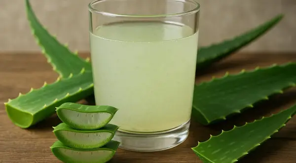 Ein Glas Aloe Vera Trinkgel mit frischen Aloe Vera Blättern. Die Wirkung von Aloe Vera Trinkgel ist bekannt für seine gesundheitlichen Vorteile.