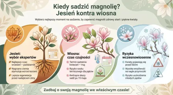 Jesień to najlepszy czas na sadzenie magnolii przed domem. Ilustracja porównuje sadzenie jesienią i wiosną, podkreślając zalety jesiennego terminu.