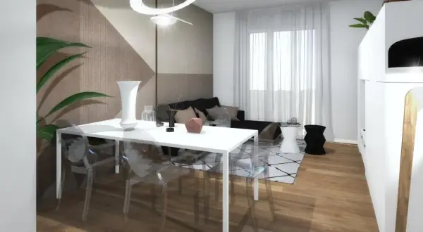 La parete dietro tavolo da pranzo presenta un motivo geometrico in tonalità neutre.
