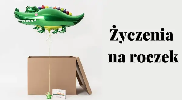 Zielony balon w kształcie krokodyla unosi się nad otwartym kartonem. Obok kartka z napisem "Franku!" i tekst "Życzenia na roczek".