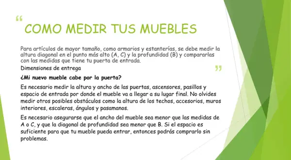 Guía sobre como se mide un mueble para asegurar que quepa por puertas y pasillos. Incluye medidas de altura, ancho y diagonal.