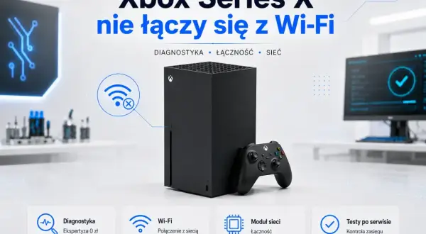 Konsola Xbox Series X z kontrolerem, symbol Wi-Fi z przekreśleniem.