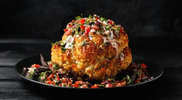 Ganz gebratener Blumenkohl mit Salsa und Sauce auf schwarzem Teller.