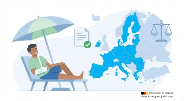 Mann mit Armschlinge entspannt am Strand. Krankengeld-Urlaub im Nicht-EU-Ausland? Eine Waage symbolisiert rechtliche Fragen.