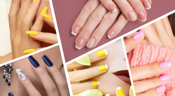Collage di mani con unghie decorate: giallo vivace, french manicure elegante, blu glitterato, rosa pastello e unghie con disegni floreali.