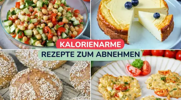 Vier Bilder zeigen gesunde Gerichte: Kichererbsen-Salat, Käsekuchen, Vollkornbrötchen und herzhafte Muffins. Perfekt für ein kalorienarmes Abendessen zum Abnehmen.