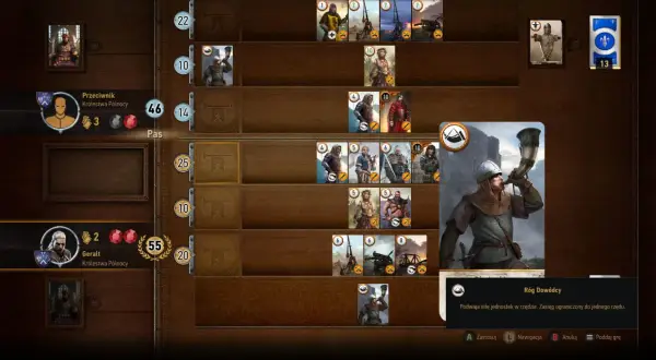 Geralt gra w Gwinta, jego przeciwnik ma 46 punktów, a on 55. Na stole widać karty jednostek i specjalną kartę "Róg Dowódcy".