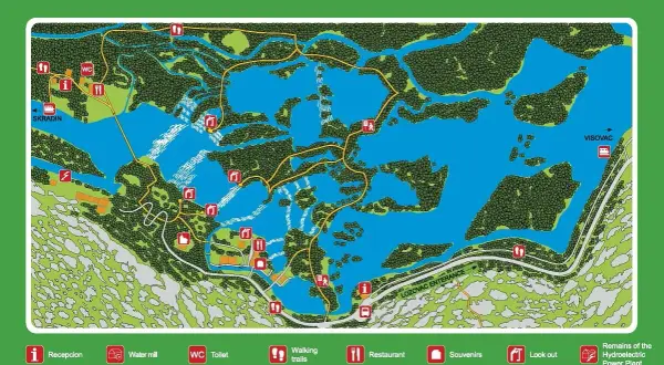 Mapa Parku Narodowego Krka, ukazująca sieć szlaków, wodospady, punkty widokowe i udogodnienia dla turystów.