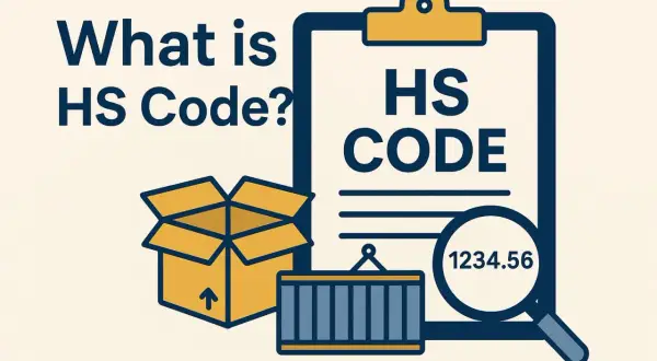 Kartonowe pudełko, kontener i lupa z numerem 1234.56 obok dokumentu z napisem HS CODE. To wszystko wyjaśnia, czym jest kod HS.