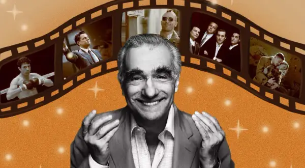 Martin Scorsese, mistrz kina, w kadrze z fragmentami swoich filmów: od boksera po gangsterskie historie.