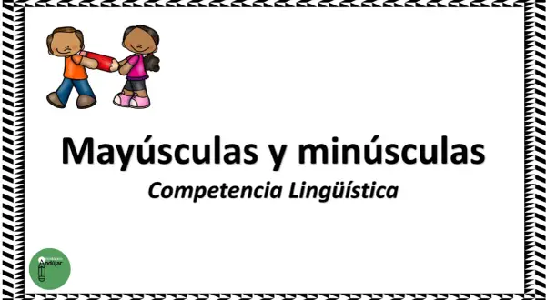 Dos niños tiran de un lápiz, ilustrando el tema "Mayúsculas y minúsculas". Ideal para ejercicios para imprimir.