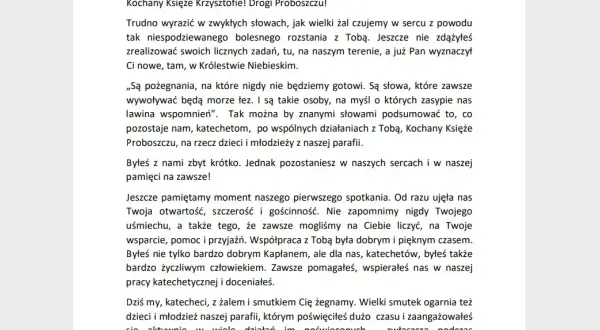Wspomnienie o zmarłym proboszczu, który był wsparciem dla katechetów i dzieci. Modlitwa za dusze rodziców.