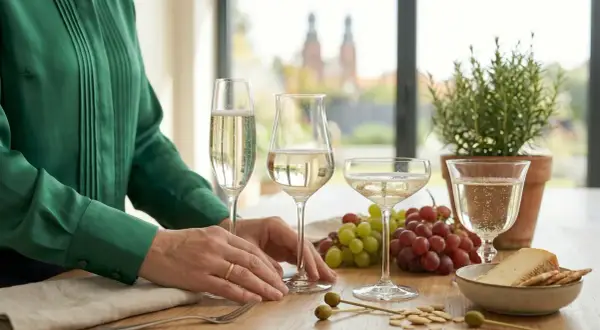 Dłoń elegancko trzyma kieliszek do szampana, obok inne kieliszki, winogrona i ser.