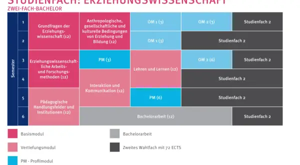 Studienverlaufsplan für das Bildungswissenschaften Studium im Zwei-Fach-Bachelor. Zeigt Module über sechs Semester.