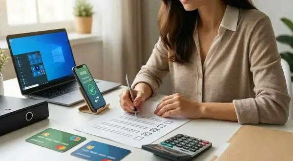 Kobieta wypełnia dokumenty, planując przeniesienie konta do innego banku. Na biurku laptop, telefon z ikoną transferu, karty płatnicze i kalkulator.