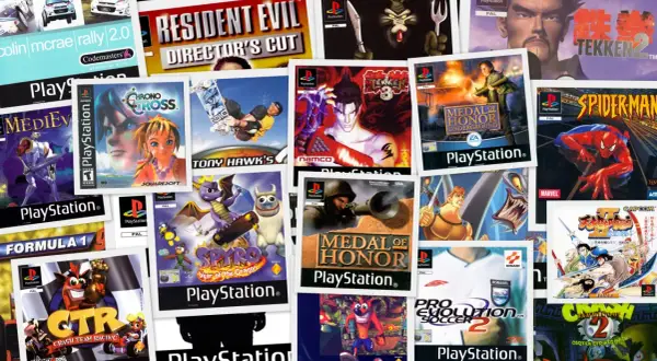 Kolekcja okładek gier na PS1: Tekken, Spyro, Crash Bandicoot, Spider-Man, Medal of Honor, Pro Evolution Soccer 2. To najlepsze gry na PS1!
