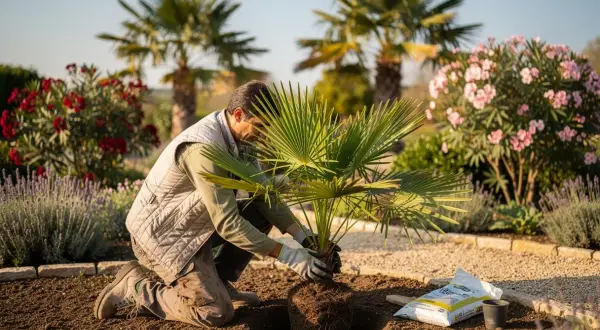 Un homme agenouillé est en train de planter un palmier dans un jardin ensoleillé, entouré de fleurs roses et de lavande.