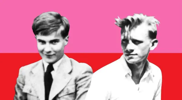 Dwaj młodzi mężczyźni, jak rudy kamienie na szaniec, na tle różowo-czerwonego tła.