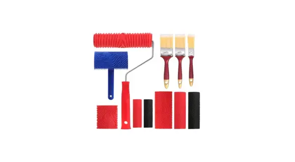 Set di rulli per pittura con vari motivi, tra cui un rullo effetto legno, pennelli e accessori per creare texture.