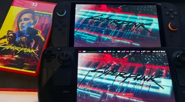 Caja de Cyberpunk 2077 Ultimate Edition para Switch junto a una Steam Deck y una consola portátil mostrando el juego. ¡Ideal para comparar los requisitos!