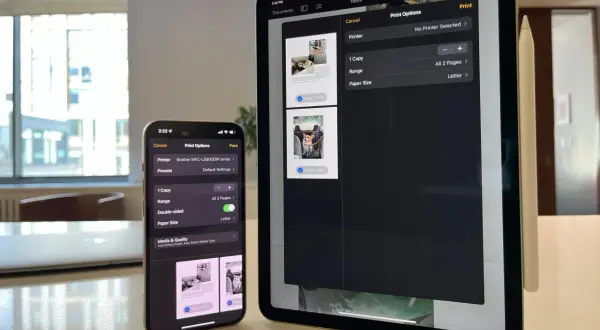 Jak podłączyć drukarkę do iPhone? Na ekranie iPhone'a i iPada widać opcje drukowania, gdzie wybierasz drukarkę Brother MFC-L5800DW.