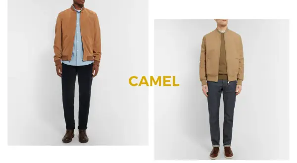 Deux looks masculins : un blouson camel avec pantalon bleu marine, et un autre blouson camel avec jean brut.