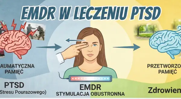 EMDR leczy PTSD, czyli zespół stresu pourazowego. Obraz pokazuje traumatyczne wspomnienia, terapię EMDR i przetworzoną pamięć.