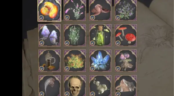 Hauch der Toten Hogwarts Legacy: Zutaten wie glühende Früchte, Pilze, Kristalle und ein Totenkopf.