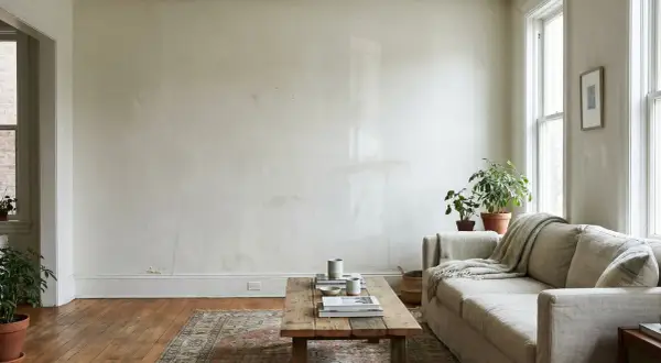 Soggiorno con divano beige, tavolino in legno e piante. Pareti chiare, ideali per il periodo migliore per imbiancare casa, con luce naturale dalle finestre.