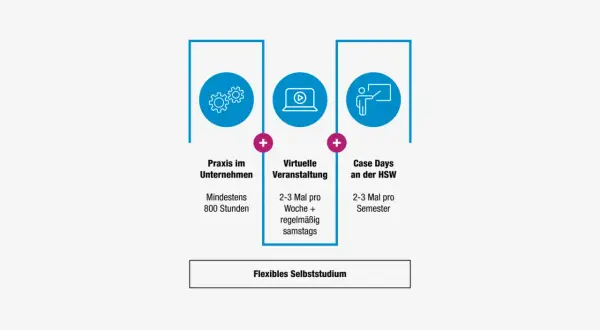 Infografik zeigt Elemente eines berufsbegleitenden Studiums Bachelor: Praxis, virtuelle Veranstaltungen und Case Days. Flexibles Selbststudium ist hervorgehoben.