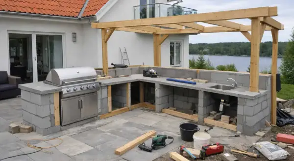 Bygga grillbord utomhus med betongblock, integrerad grill och diskho. Träkonstruktion för tak.