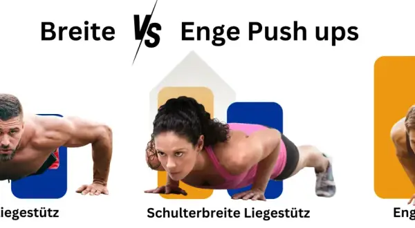 Breite vs. enge Liegestütz-Übungen: Männer und Frauen zeigen verschiedene Liegestützvarianten für Brust und Trizeps.