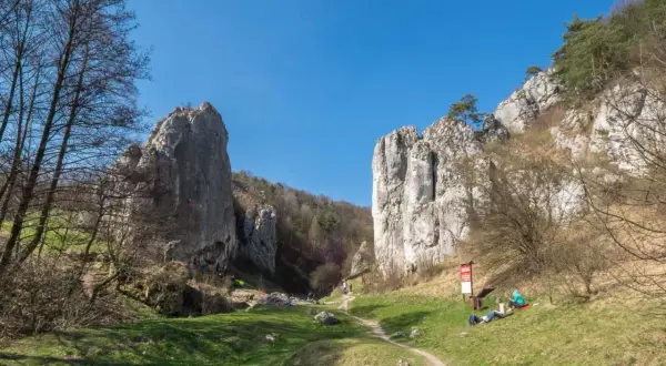 Skały wspinaczkowe w Dolinie Bolechowickiej, z wspinaczami na ścianach i ludźmi odpoczywającymi na trawie.
