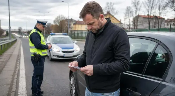 Mężczyzna czyta dokument, gdy policjant stoi obok radiowozu. Może to być pozew w trybie wyborczym, który wpłynął na jego życie.