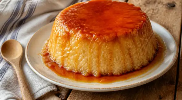 Un délicieux gâteau de riz onctueux, nappé d'un caramel doré, prêt à être dégusté.