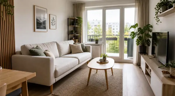 Przytulny salon 20m2 aranżacja: jasna sofa, drewniany stolik, rośliny i widok na zieleń.