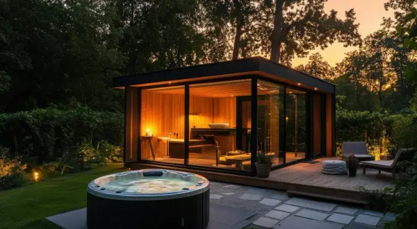 Nowoczesna budowa sauny z przeszklonymi ścianami, obok jacuzzi, w otoczeniu zieleni o zachodzie słońca.