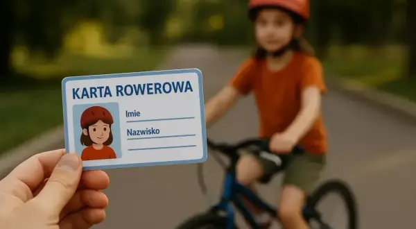 Karta rowerowa daje pewność, że młody cyklista zna zasady ruchu drogowego. Dziecko na rowerze w tle.