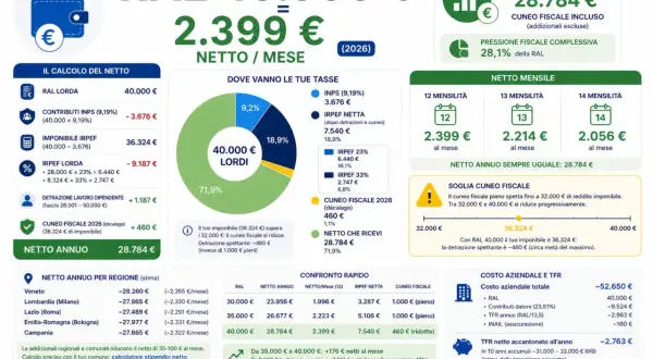 RAL 40.000€ lordi, netto mensile 2.399€ (12 mensilità). La pressione fiscale complessiva è del 28,1% della RAL, influenzando la ral percepita.