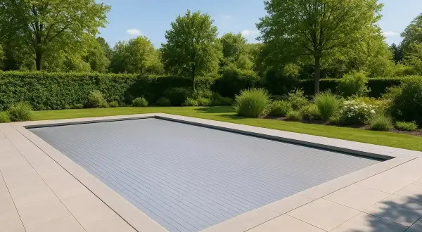 En elegant pool med ett modernt, grått poolskydd. En vacker trädgård med gröna häckar och träd ramar in poolen, perfekt för att bygga eget poolskydd.